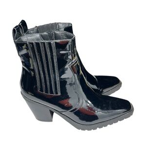 Diba Black Western Ankle Boot Cheyanne Shiny Patent Snip Toe Chunky Heel 9 moto